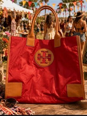 Tory Burch Poppy red  and aged vahetta tote bag